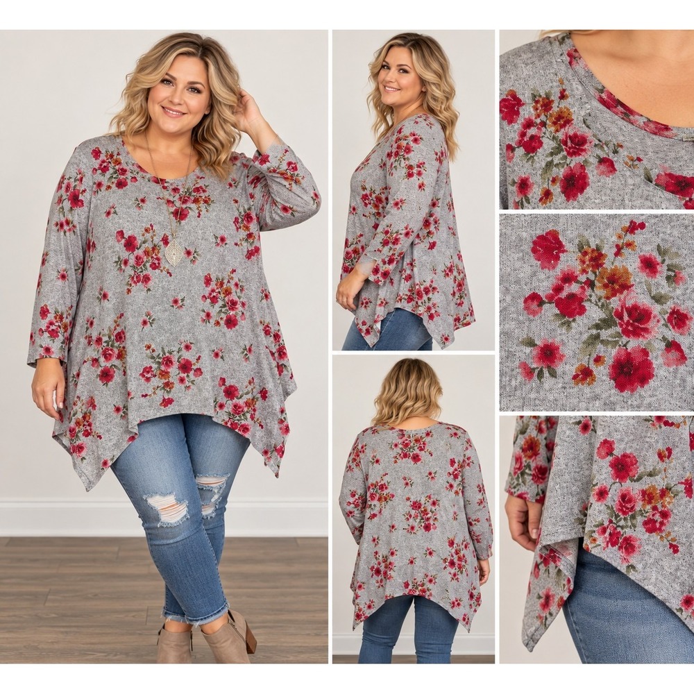 Green Envelope 3X Floral Tunic Top Gray Pink Sharkbite Hem Plus Size